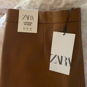 Faux leather Zara leggings — caramel brown